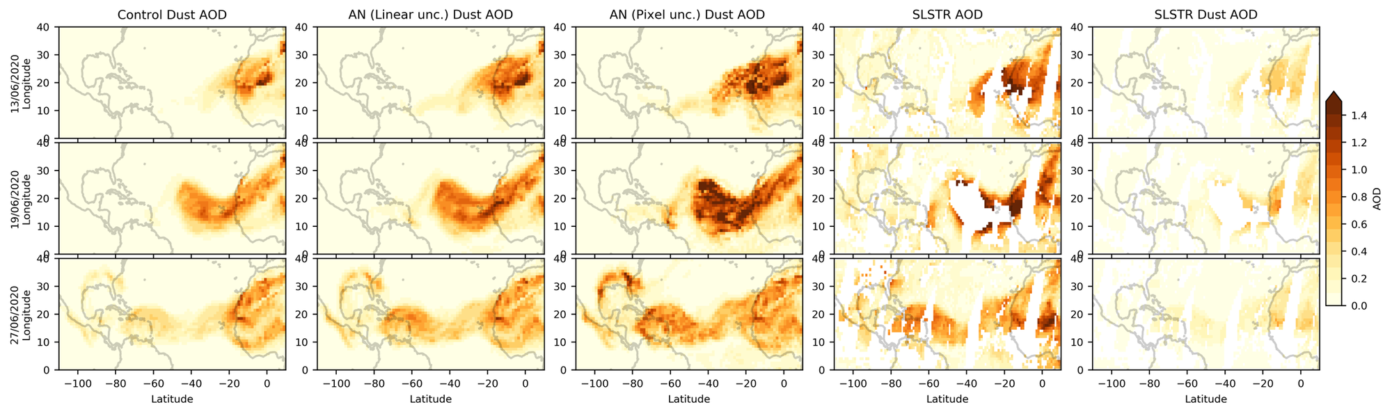 Figure 2: Dust AOD from MONARCH runs without assimilation (first column), with assimilation of SLSTR AOD assuming a linear model of AOD uncertainties (second column), assimilation of SLSTR AOD with pixel-wise AOD uncertainties (third column), SLSTR AOD re