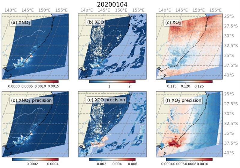 Maps showing TROPOMI total column observations and associated uncertainty relating to several gases