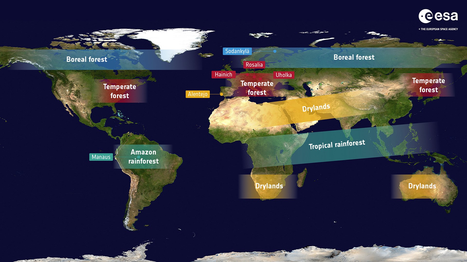 World map of the regions of interest and locations of available ground based data to be employed in this project