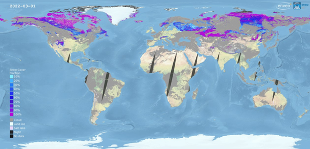 Figure 1: Example of visible snow cover fraction (SCFV) product (climate research data package v3.0) from Terra MODIS data of 01 March 2022 (Barella et al. (2025), ESA CCI+ Snow ECV: Product User Guide, version 4.1)