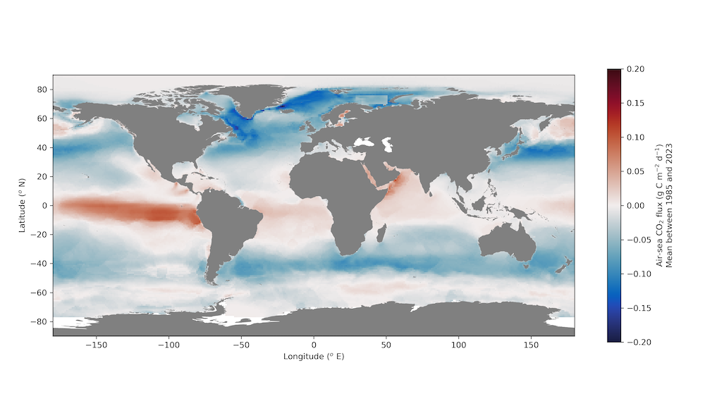 Carbon dioxide continually exchanges between the atmosphere and oceans, either into the ocean (blues) or out of the ocean (reds). The balance of these continually exchanges leads to a net movement of carbon from the atmosphere to the oceans. Data used in