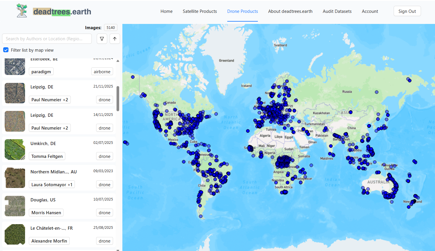 Drone data coverage of the deadtrees.earth platform, used to train forest cover and standing deadwood producs (https://deadtrees.earth/)